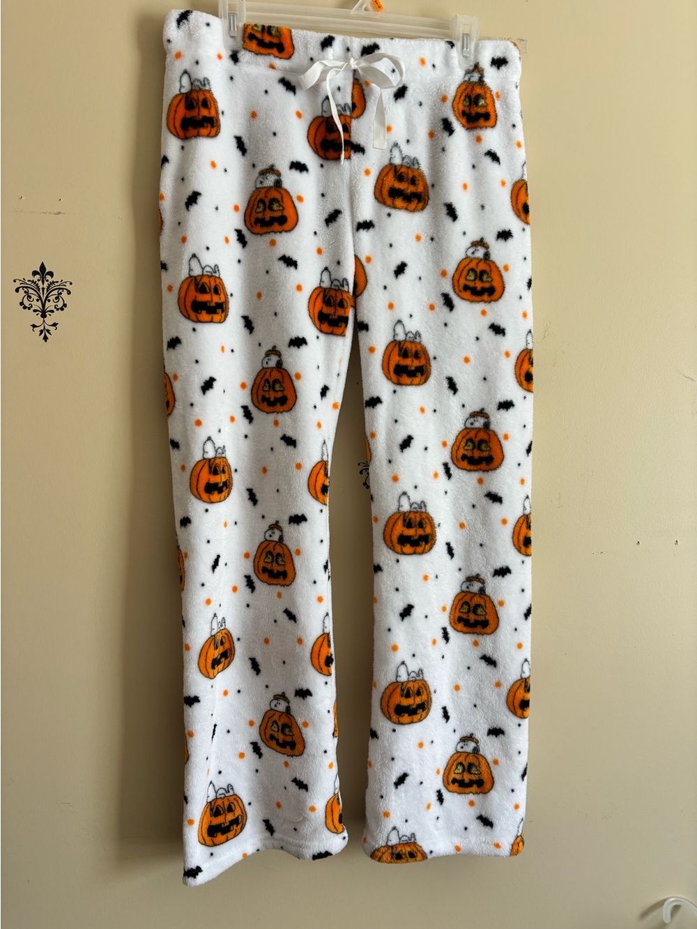 Peanuts Pajama Pants Snoopy Halloween Pumpkin Fleece White womens size medium